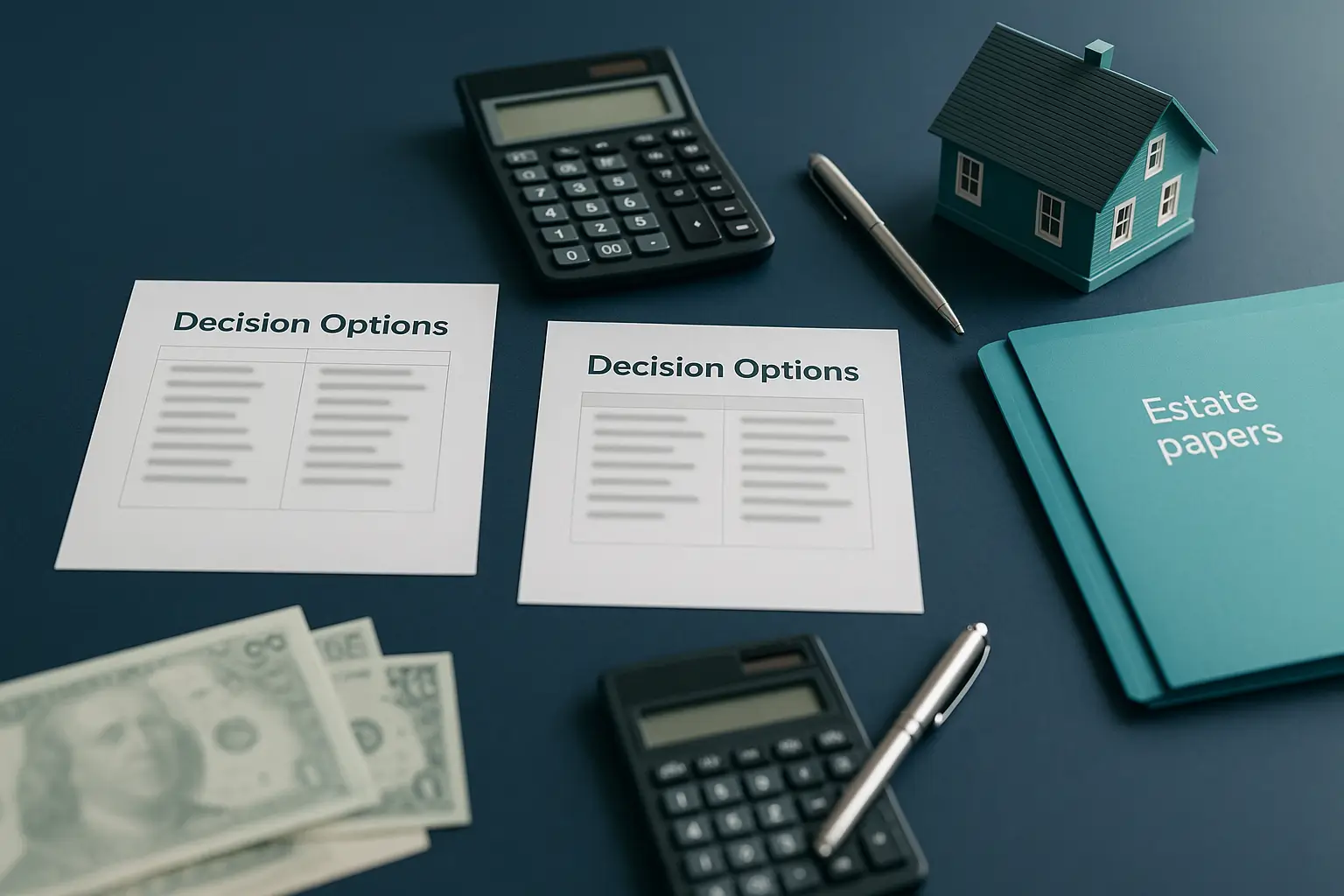 Executor financial workspace with blurred comparison sheets, calculator, teal folder, and house model on navy desk illustrating estate property tax strategy for Certified Probate Real Estate Specialists.