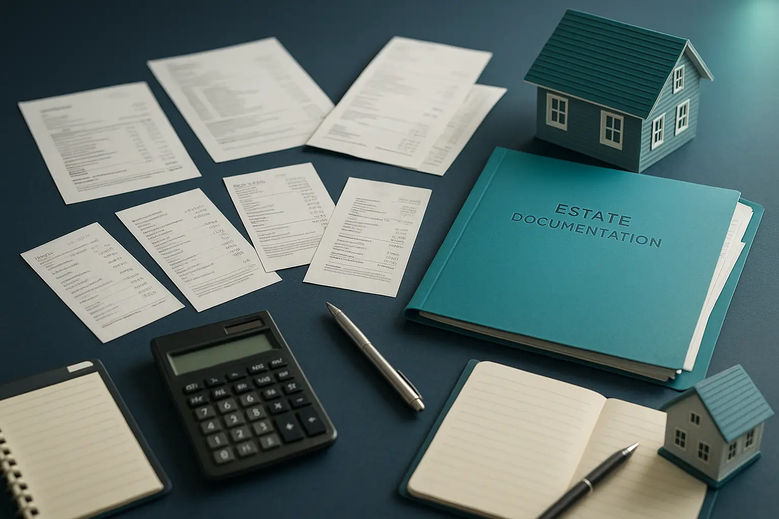 Organized executor workspace with teal folder, blurred receipts, calculator, and house model on navy desk illustrating property tax documentation for Certified Probate Real Estate Specialists.