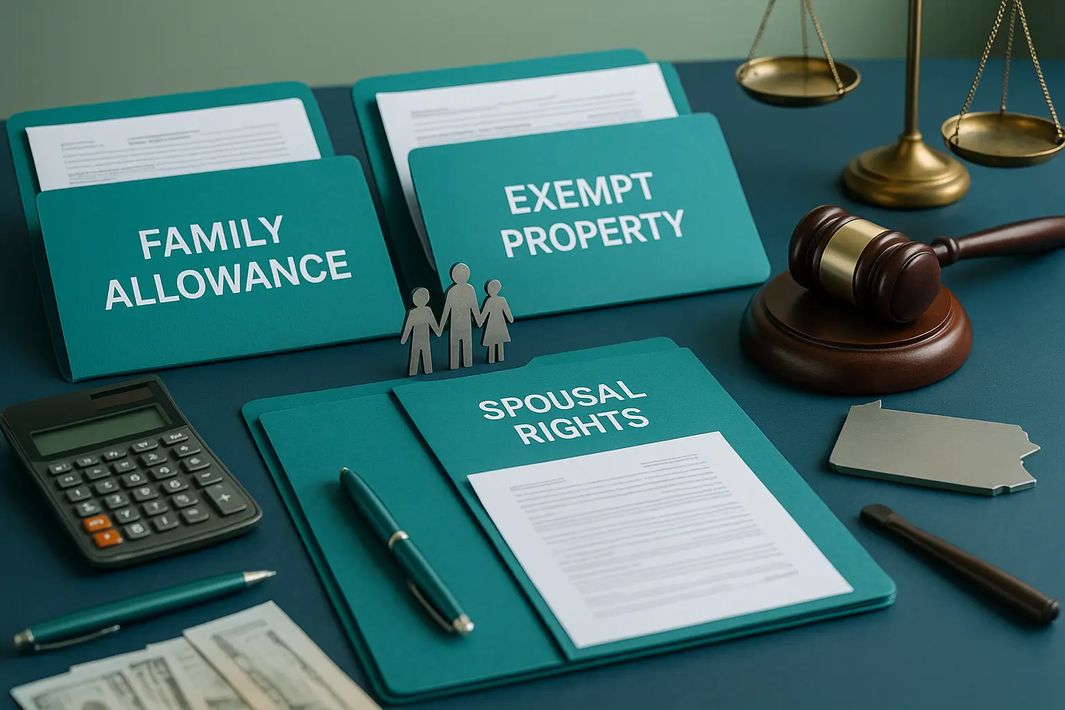 Navy-blue estate planning workspace with teal folders, family figurine icons, legal symbols, and financial tools representing family protection rights in Pennsylvania for Certified Probate Real Estate Specialists.