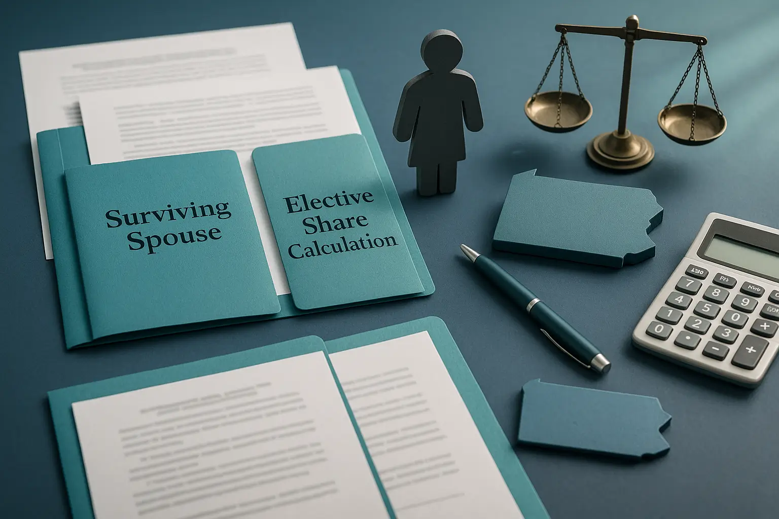 Navy-blue estate planning desk with teal folders, legal scales, a spouse figurine icon, and financial tools representing surviving spouse protections under Pennsylvania law for Certified Probate Real Estate Specialists.