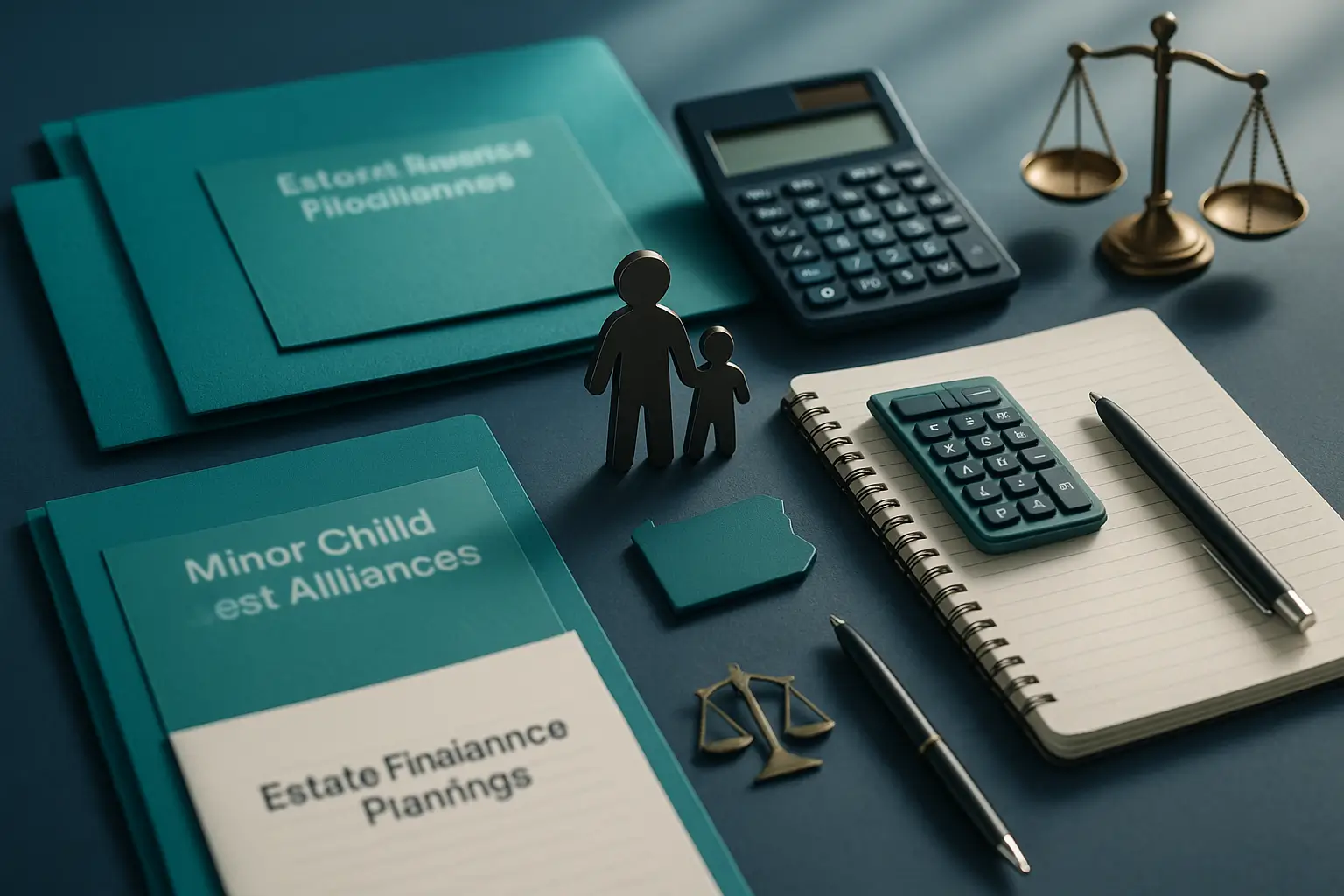 Navy-blue estate planning desk with teal folders, parent-and-child icon, legal symbols, and financial tools representing minor child support protections during Pennsylvania probate for Certified Probate Real Estate Specialists.