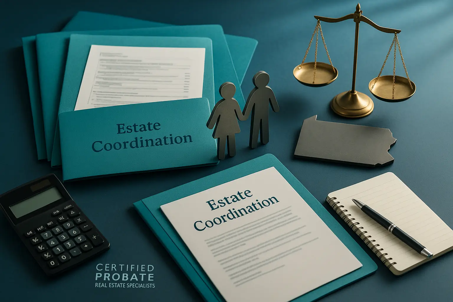 Navy-blue estate coordination desk with teal folders, family-unit icon, legal symbols, and planning tools representing guidance for adult children, heirs, and surviving parents during Pennsylvania probate for Certified Probate Real Estate Specialists.