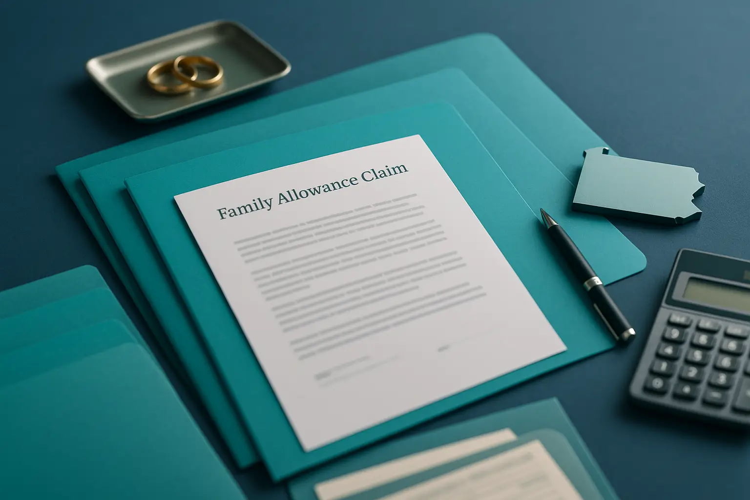 Navy-blue estate-planning desk with teal folder, wedding band symbol, blurred family allowance documents, and Pennsylvania paperweight representing surviving spouse priority rights for Certified Probate Real Estate Specialists.