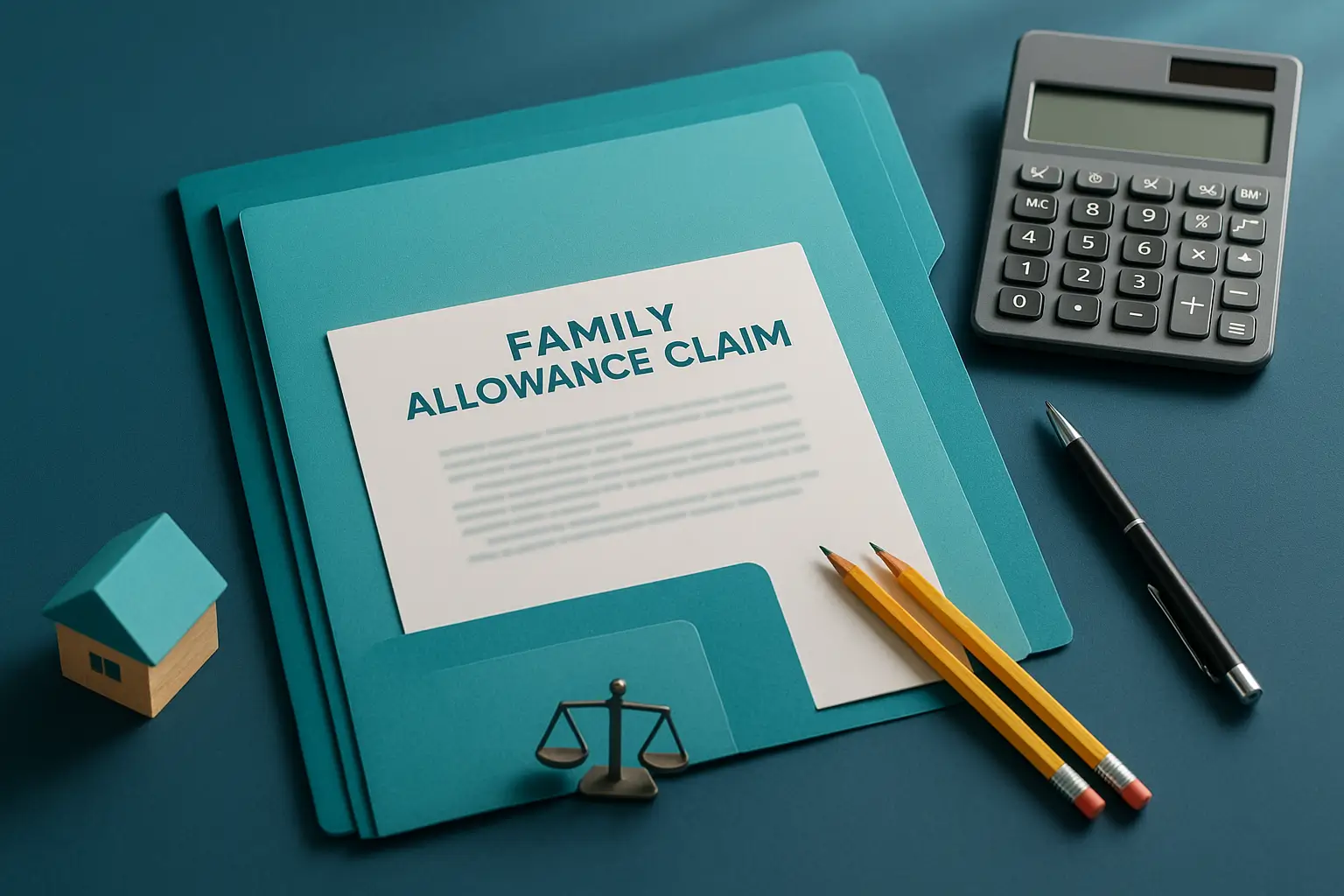 Navy-blue estate-planning desk with teal folder, child-themed items, and blurred family allowance documents representing minor children’s shared eligibility for Certified Probate Real Estate Specialists.