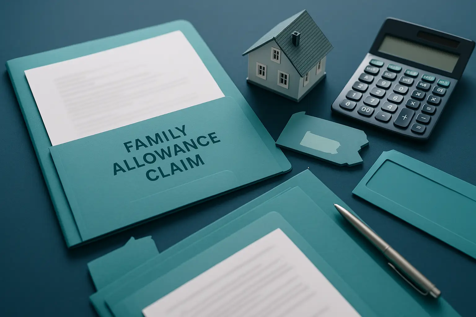 Executor workspace with navy-blue desk, teal folder, house model, and blurred eligibility review documents representing limited family allowance eligibility for adult children under Certified Probate Real Estate Specialists.