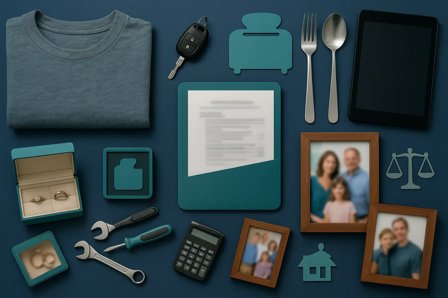 Navy-blue executor workspace with symbolic household personal property items such as clothing, car keys, tools, electronics, and kitchenware representing family allowance eligibility under Certified Probate Real Estate Specialists.