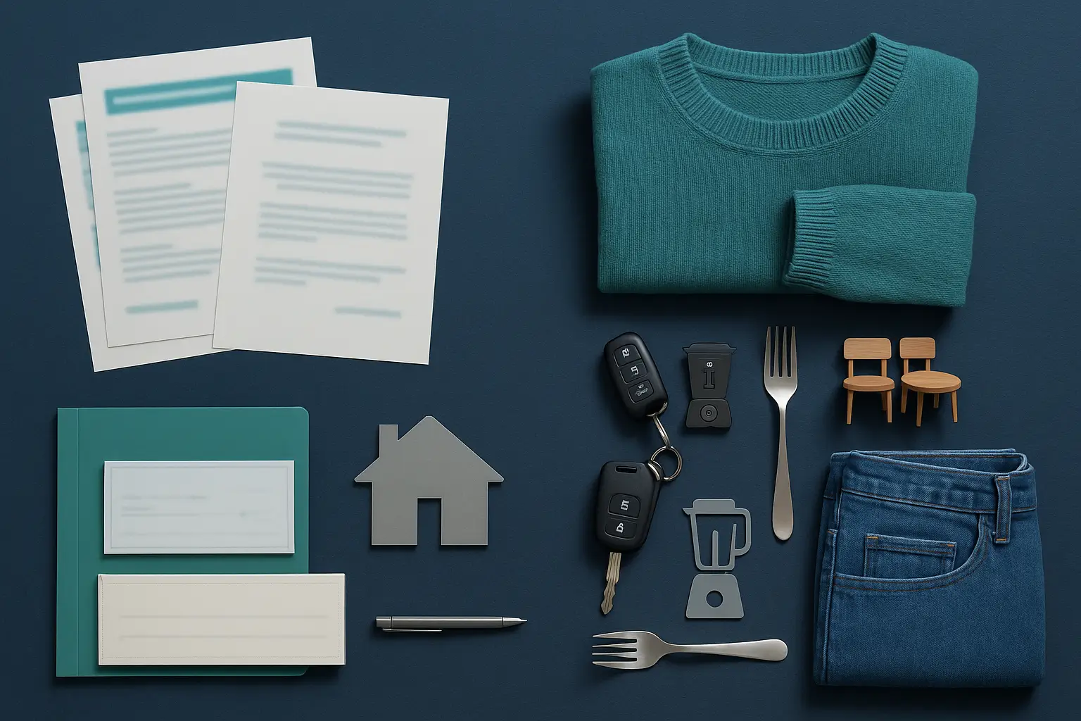 Flat-lay executor workspace showing excluded financial documents alongside eligible tangible items like clothing, a key fob, small appliances, and household essentials, styled for Certified Probate Real Estate Specialists.