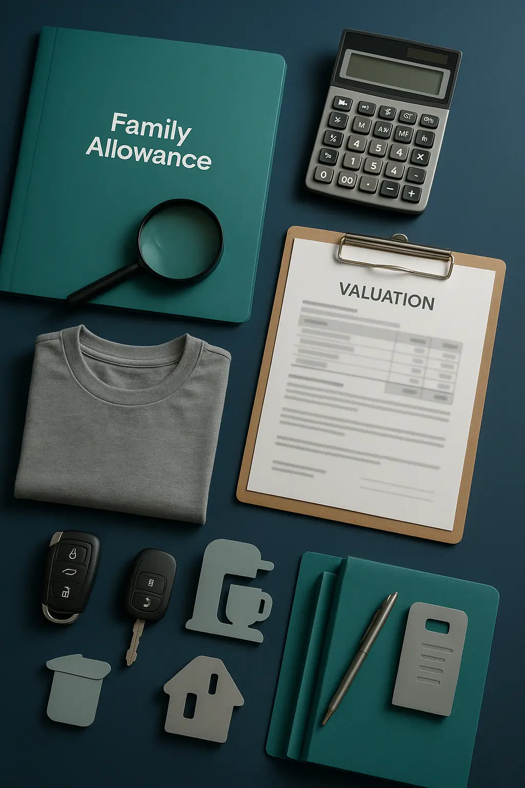 Vertical 7:4 executor workspace with family allowance documentation, valuation tools, and tangible household items styled in navy and teal for Certified Probate Real Estate Specialists.