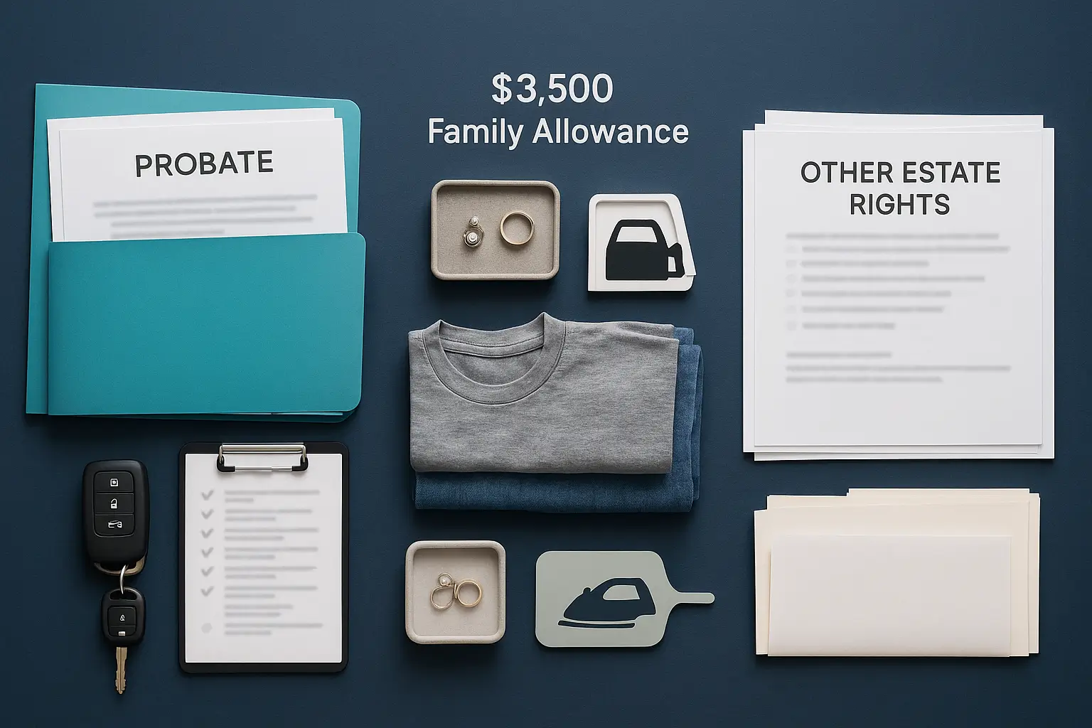 Executor workspace showing tangible personal property items contrasted with estate documents to illustrate family allowance versus other rights, styled for Certified Probate Real Estate Specialists.
