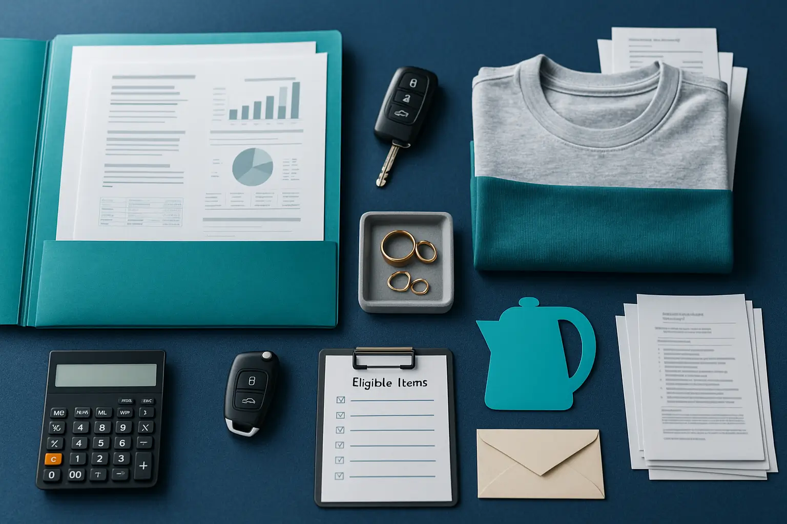 Executor workspace showing tangible property items contrasted with estate asset documents to illustrate family allowance versus spousal elective share, styled for Certified Probate Real Estate Specialists.