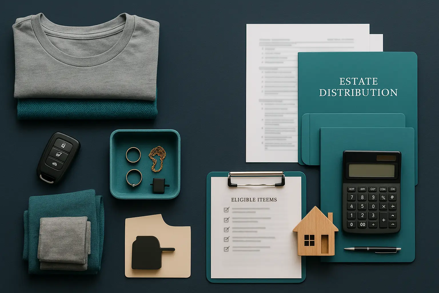 Executor workspace showing tangible property items beside estate distribution documents to illustrate family allowance versus intestate share, styled for Certified Probate Real Estate Specialists.