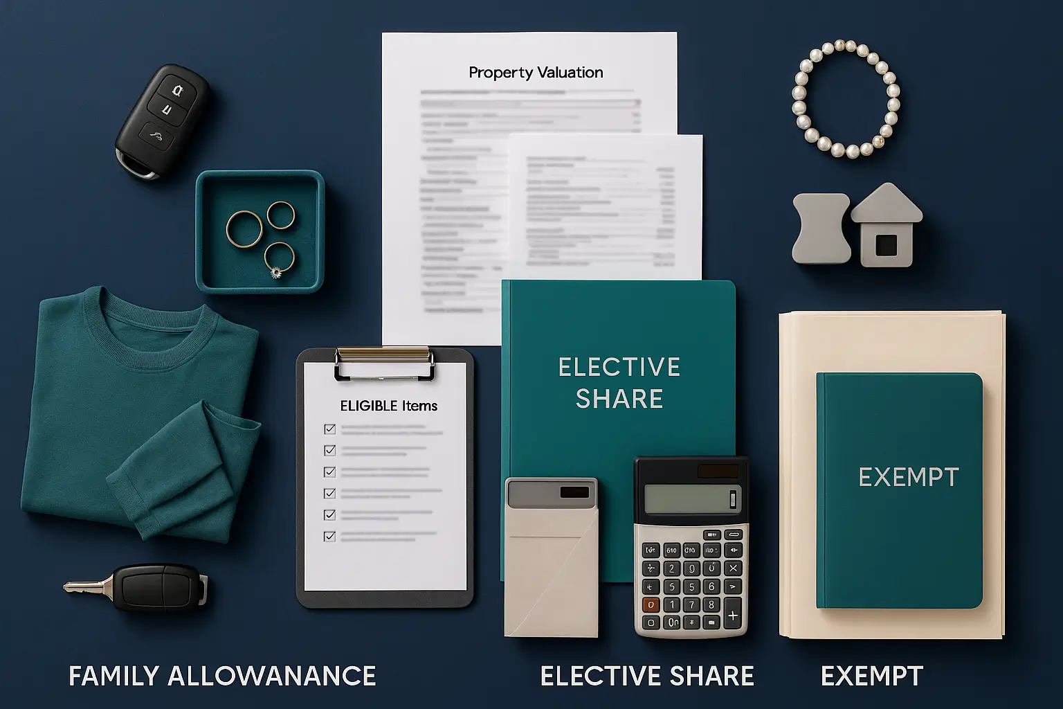 Executor workspace showing tangible property items, estate documents, and personal effects to illustrate cumulative spousal rights under Pennsylvania probate, styled for Certified Probate Real Estate Specialists.