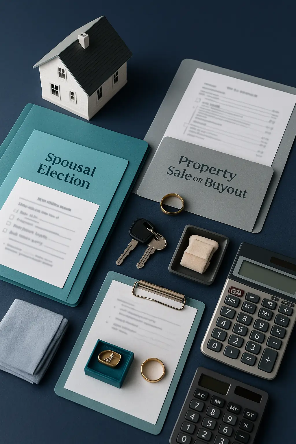 Vertical executor desk scene with house model keys wedding ring and spousal election documents for Certified Probate Real Estate Specialists