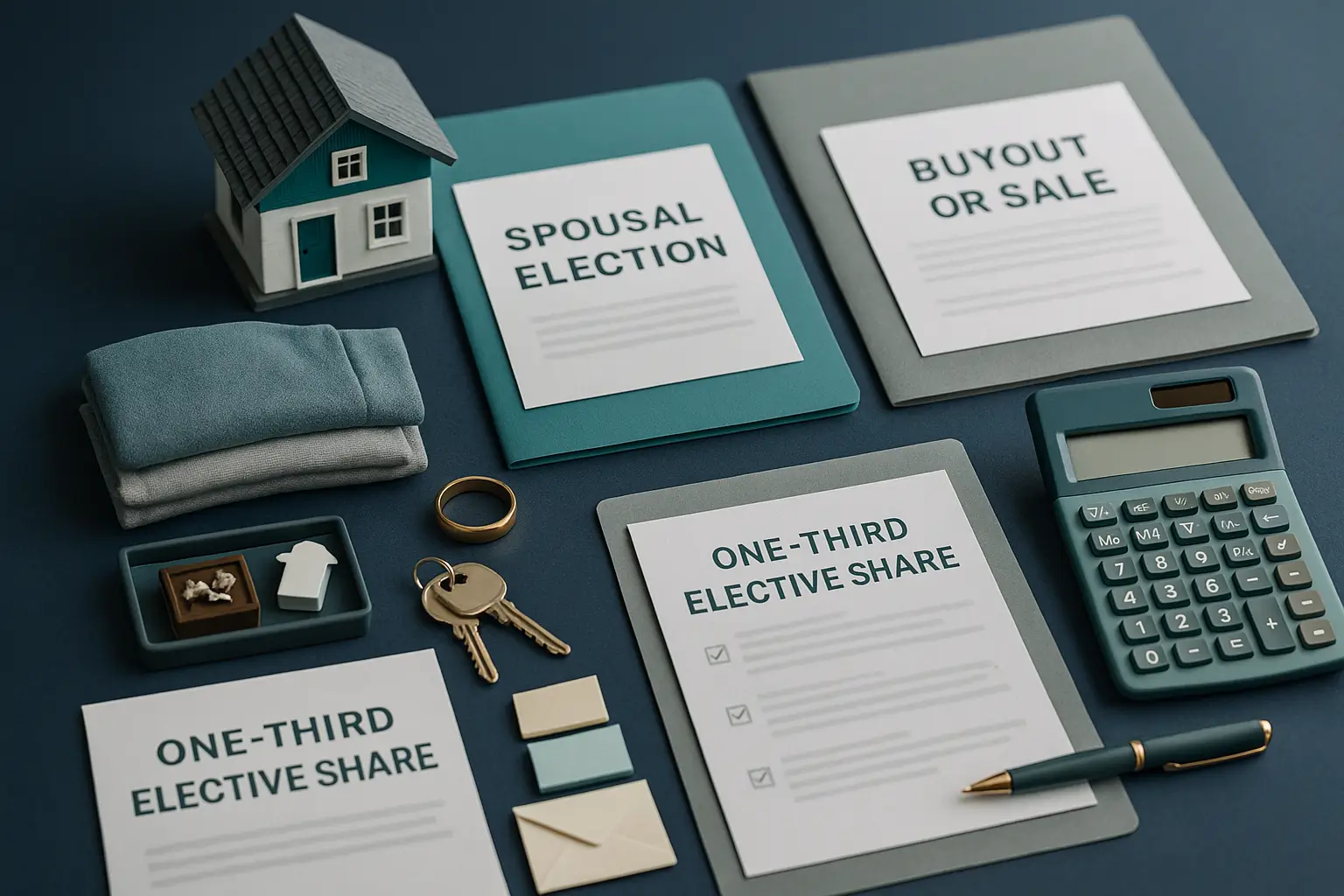 Executor workspace with house model keys calculator and spousal election documents for Certified Probate Real Estate Specialists