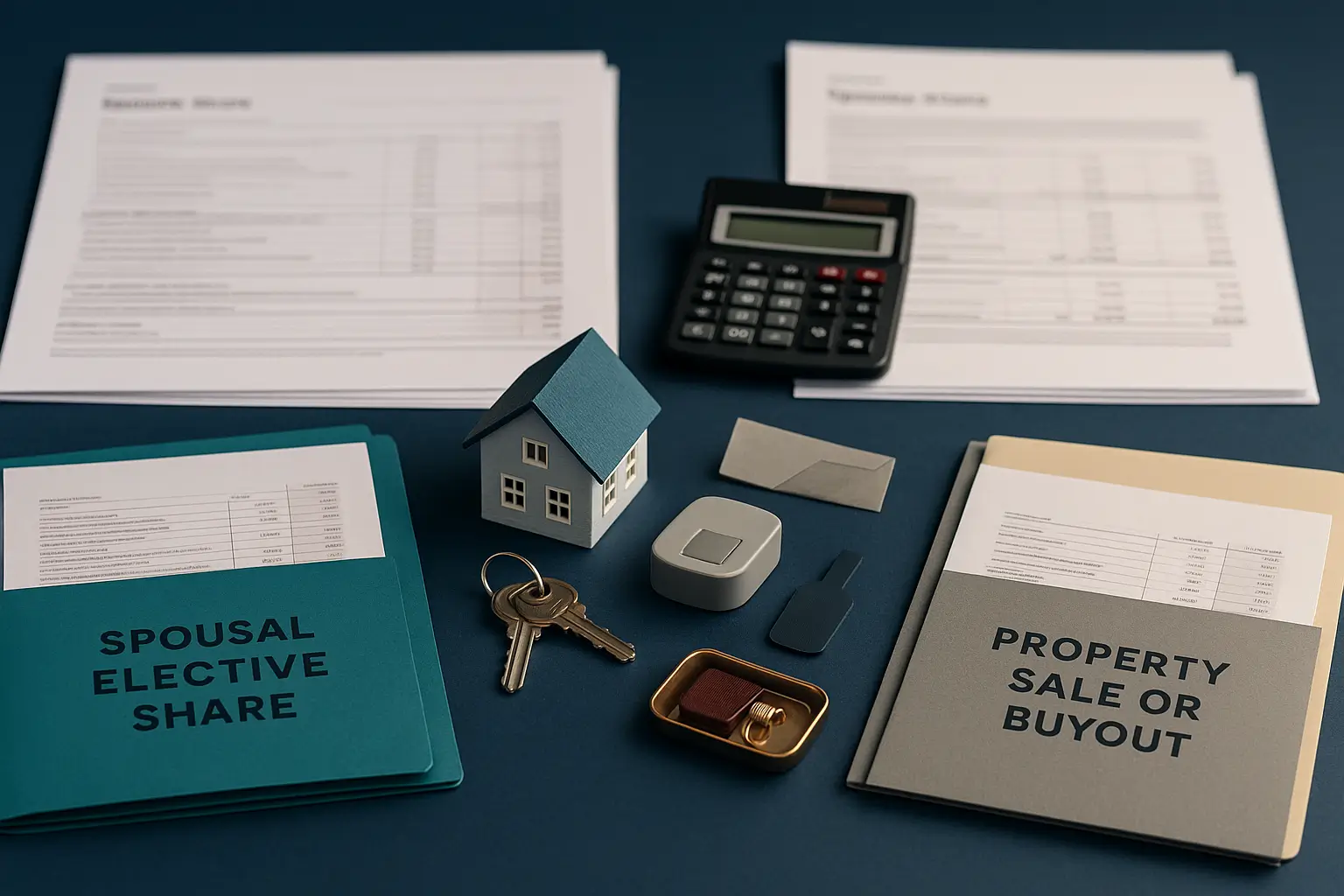 Executor desk with house model keys calculator and spousal elective share documents for Certified Probate Real Estate Specialists