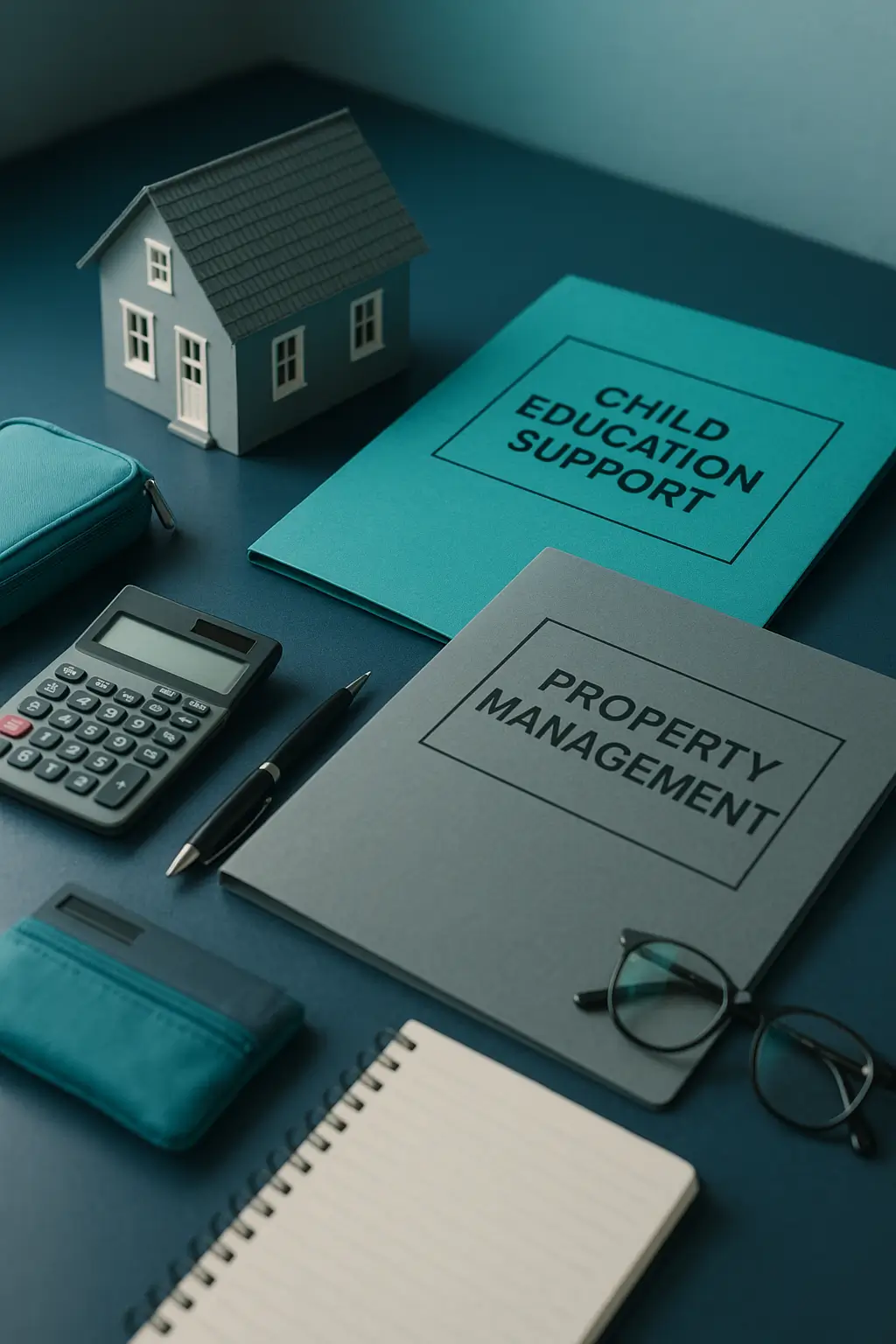 Vertical executor desk with house model child education support documents and calculator for Certified Probate Real Estate Specialists