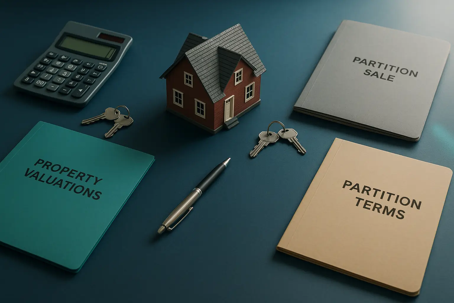 Estate desk with house model valuation and buyout folders for Certified Probate Real Estate Specialists representing co owned probate property resolution