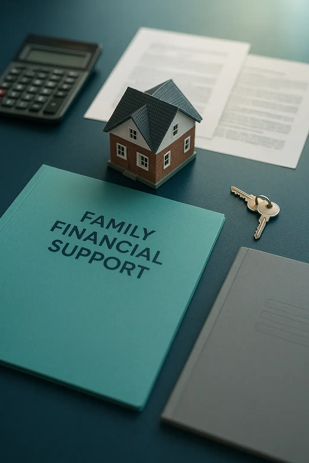 PA Probate Help estate planning desk with house model financial documents teal folder calculator and keys representing family financial support in probate