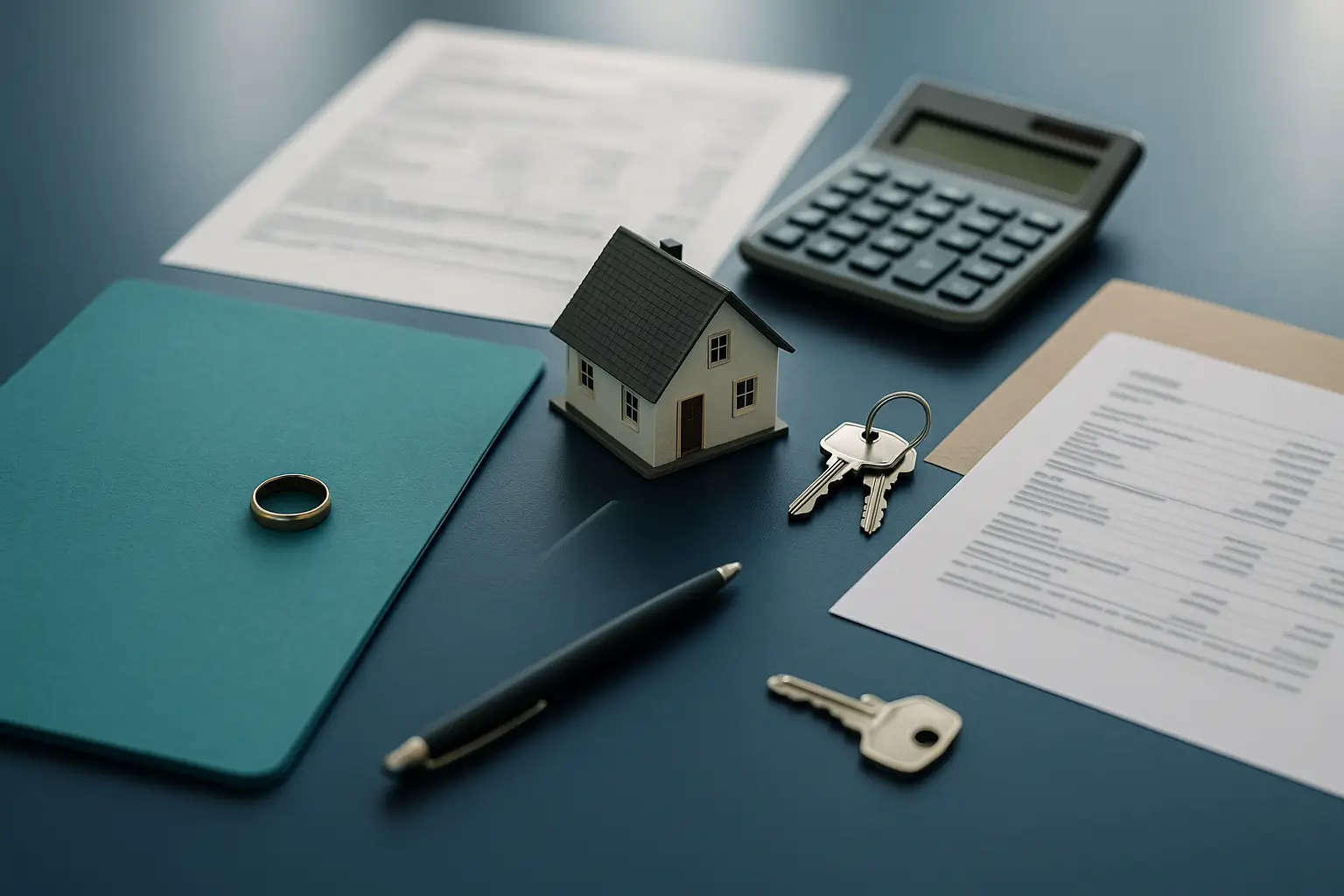 PA Probate Help horizontal estate planning desk with wedding ring teal elective share folder house model calculator and estate keys representing spousal elective share rights