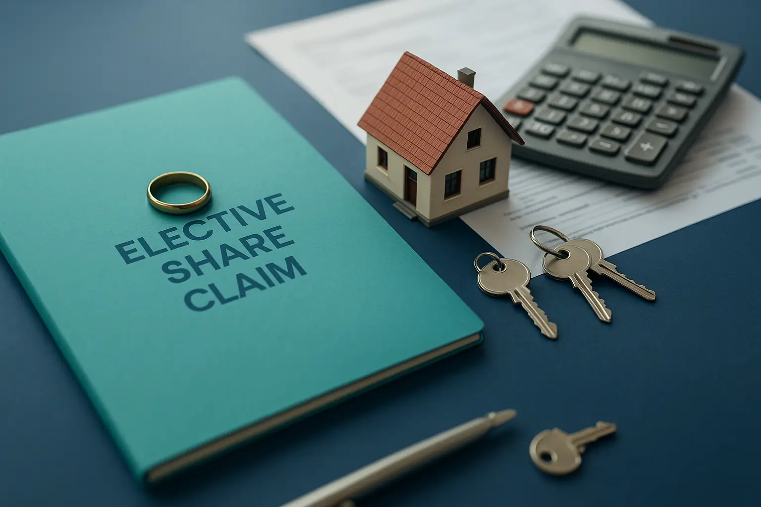 PA Probate Help estate planning desk with wedding ring teal elective share folder house model calculator and keys representing spousal elective share protection in Pennsylvania