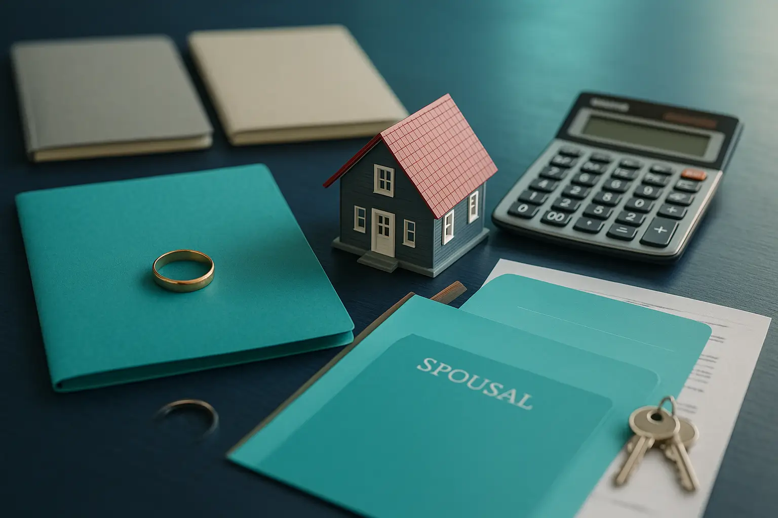 PA Probate Help estate desk with teal folder wedding ring house model and calculator showing elective share not needed when spouse already inherits in Pennsylvania