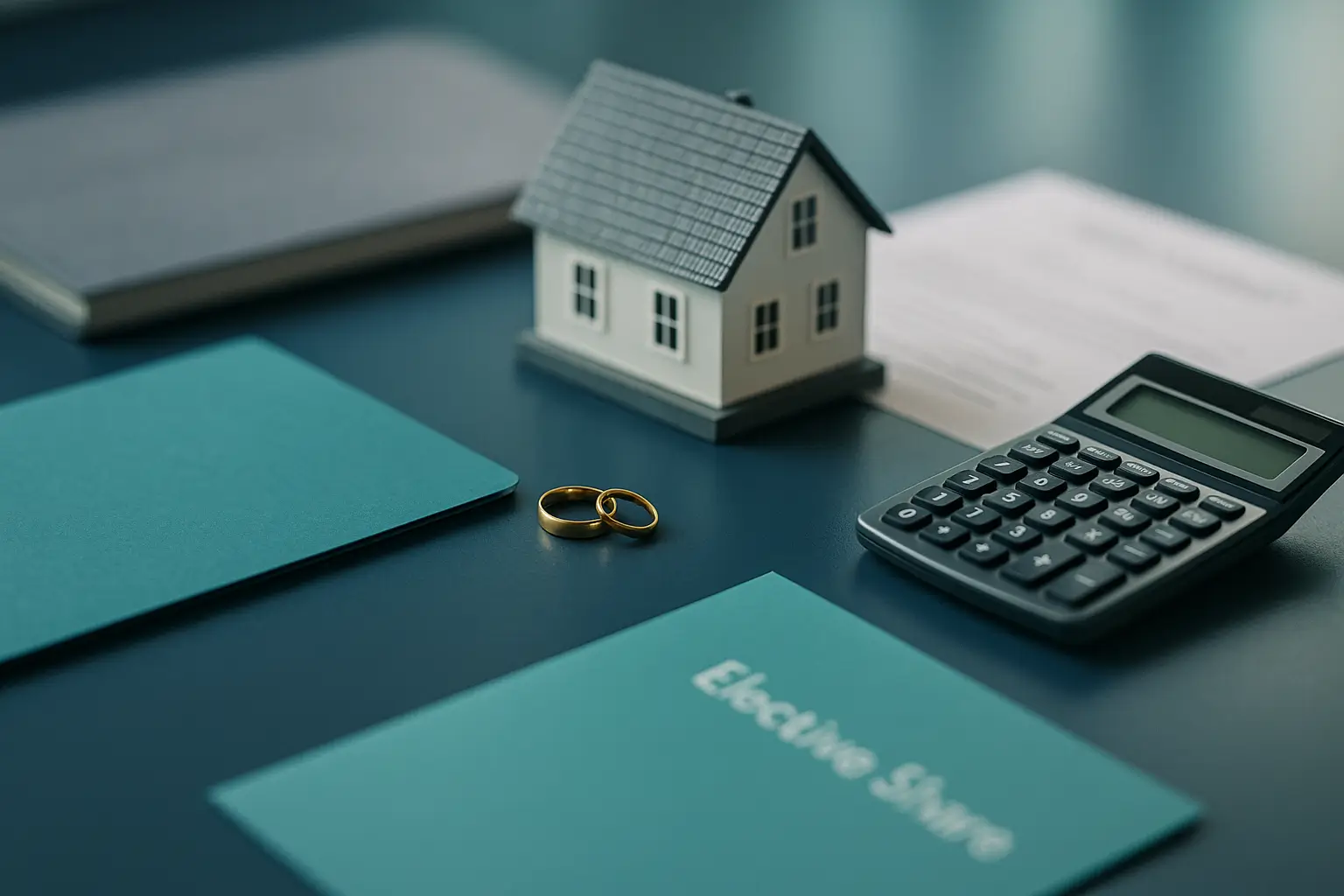 PA Probate Help estate desk with teal folder wedding ring house model and calculator showing elective share not needed when spouse already inherits in Pennsylvania