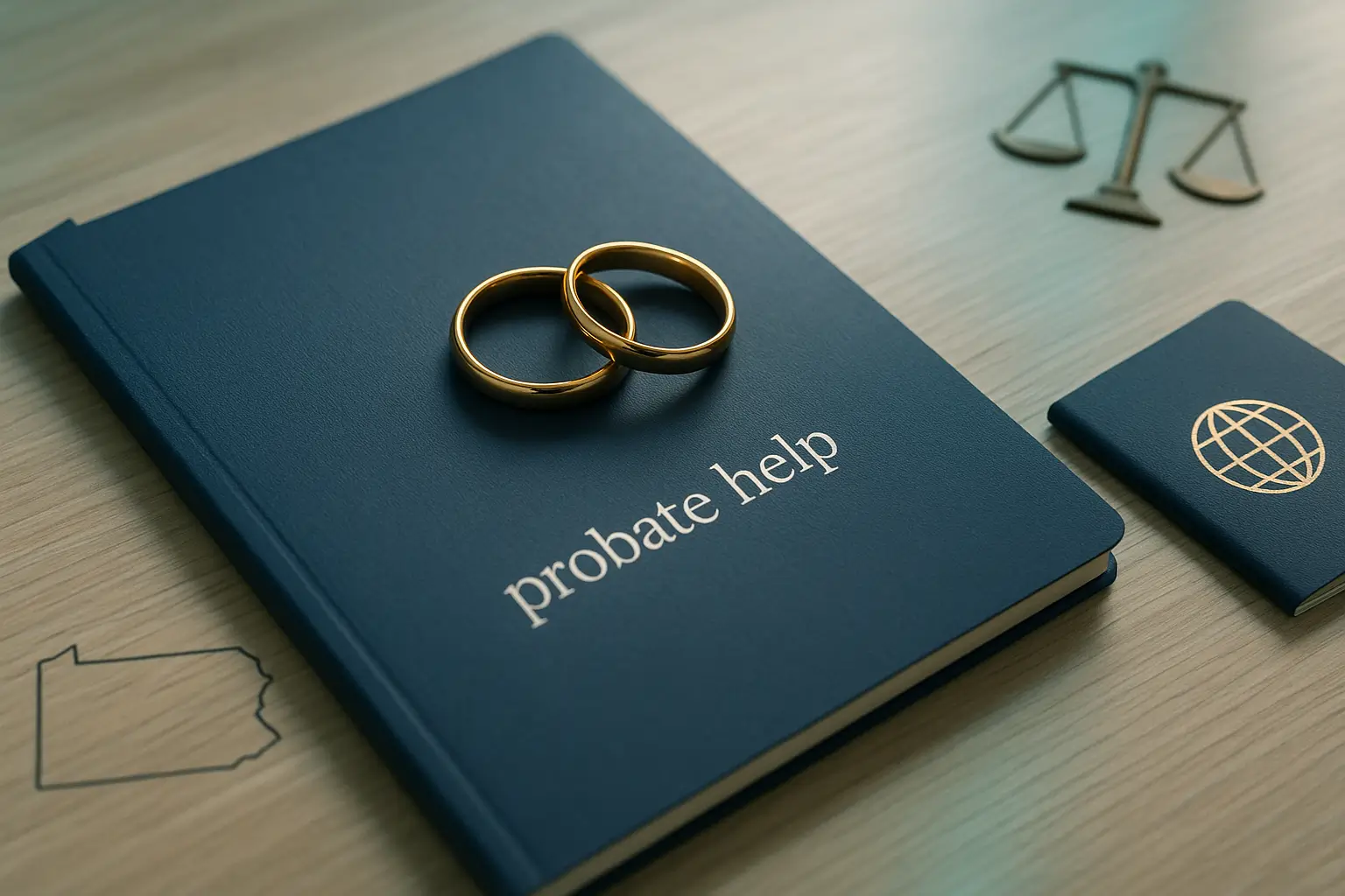 PA Probate Help image with wedding rings legal folder and state outline representing legal marriage recognition for spousal elective share in Pennsylvania