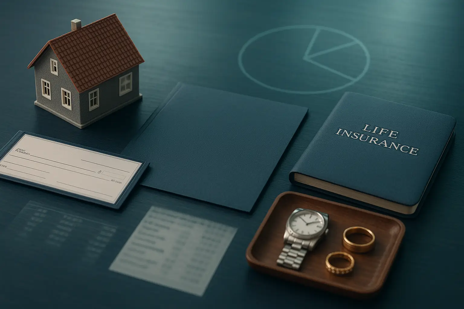 PA Probate Help image showing symbolic assets used to calculate one third elective share including bank funds investment accounts and personal property on legal desk