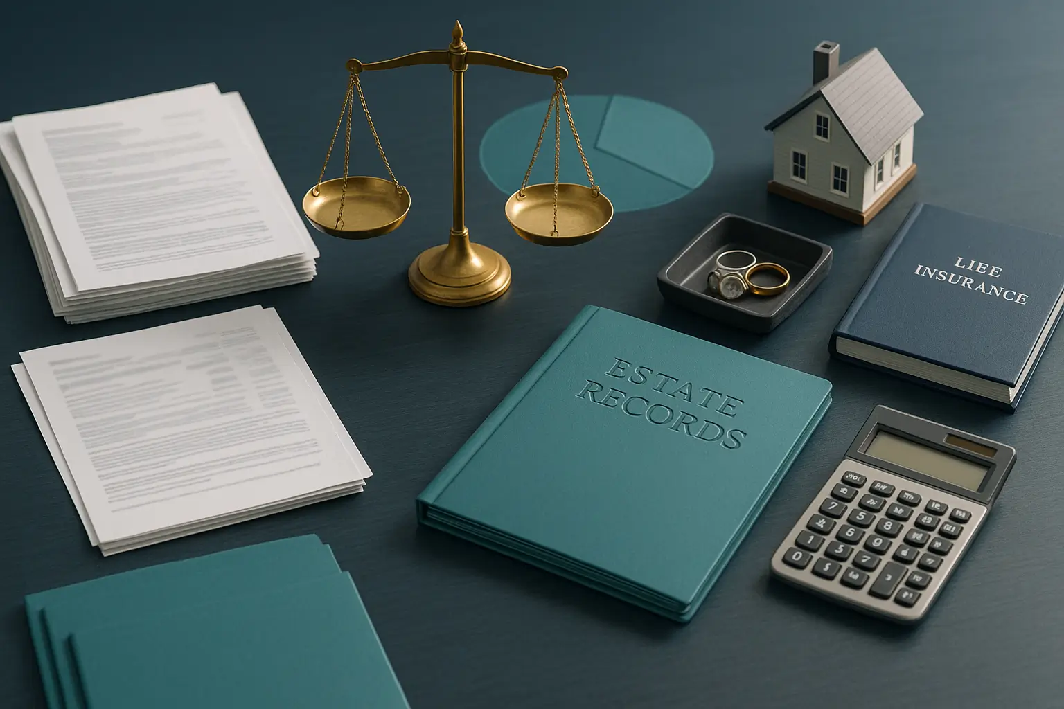 PA Probate Help image showing balance scale and estate asset documents symbolizing calculation of one third spousal elective share for Pennsylvania estates