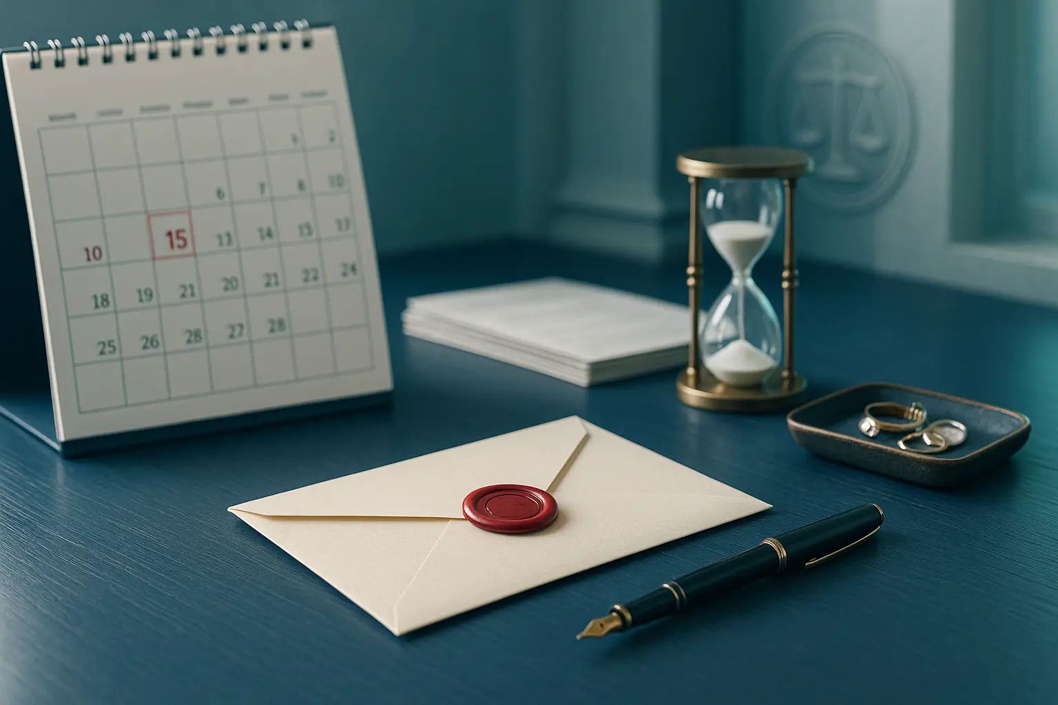 PA Probate Help image showing legal election envelope, calendar, and hourglass symbolizing strict six month spousal elective share deadline in Pennsylvania