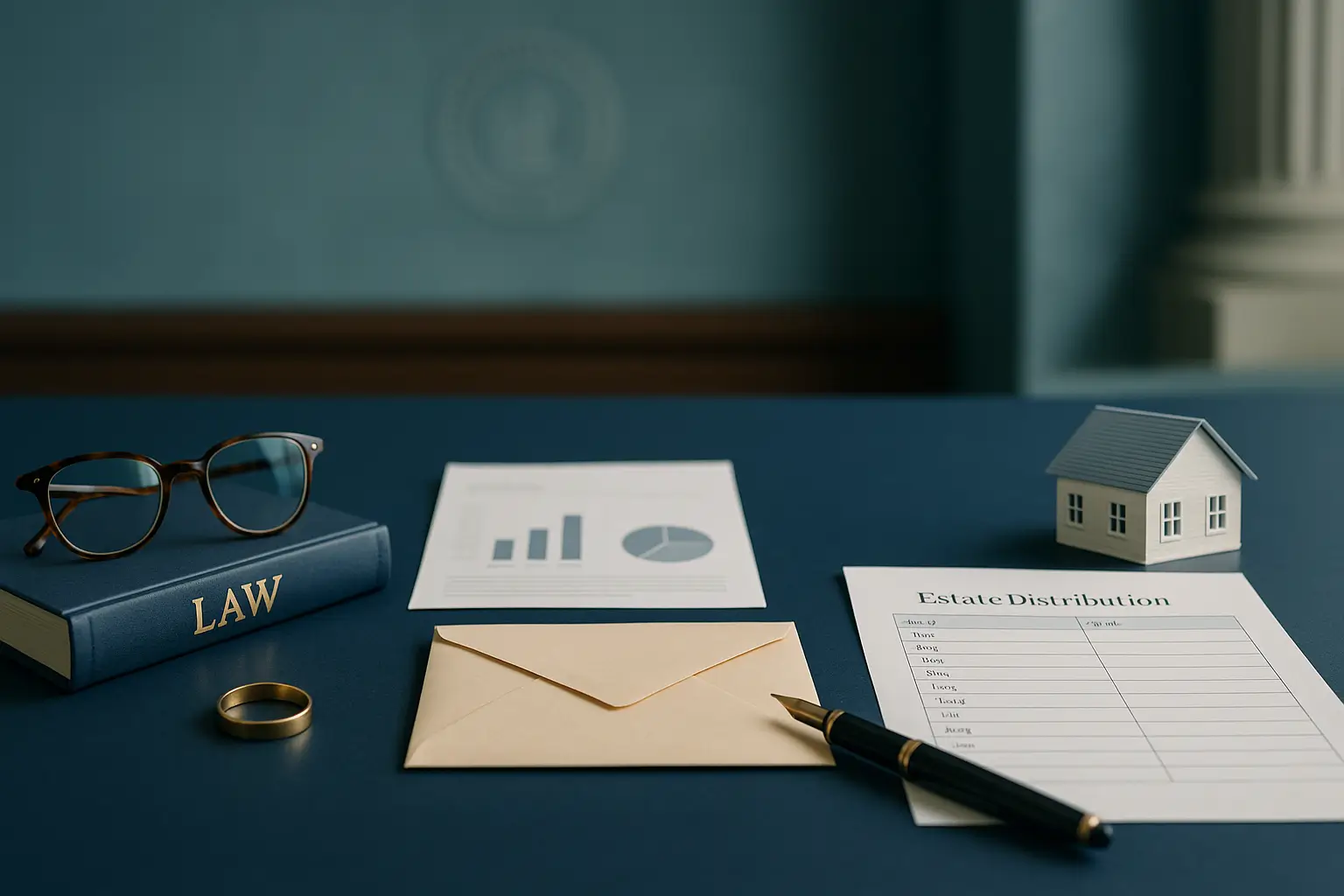 PA Probate Help image showing legal workflow for Pennsylvania spousal elective share including attorney consultation, property valuation documents, election filing envelope, and estate distribution ledger