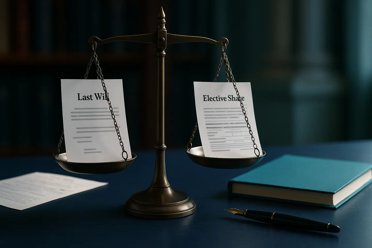 PA Probate Help image showing balance scale weighing will and elective share documents on a navy legal desk representing spousal election decision considerations