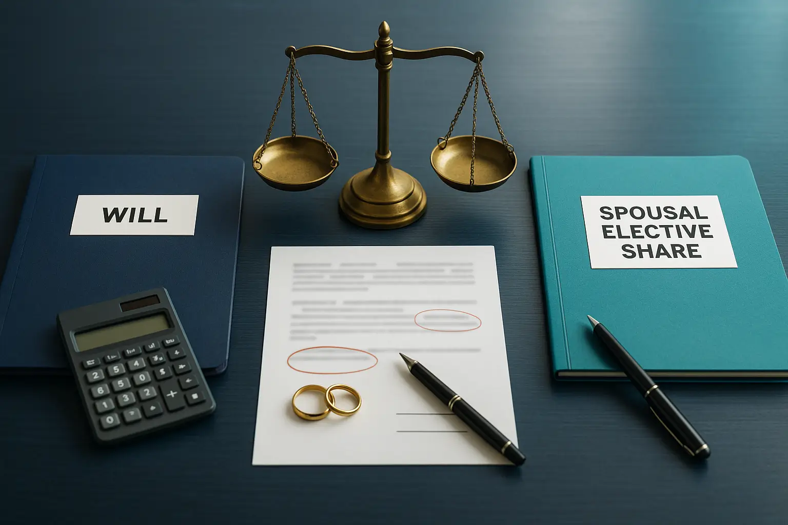 PA Probate Help image showing justice scale between estate will folder and spousal elective share folder symbolizing surviving spouse decision