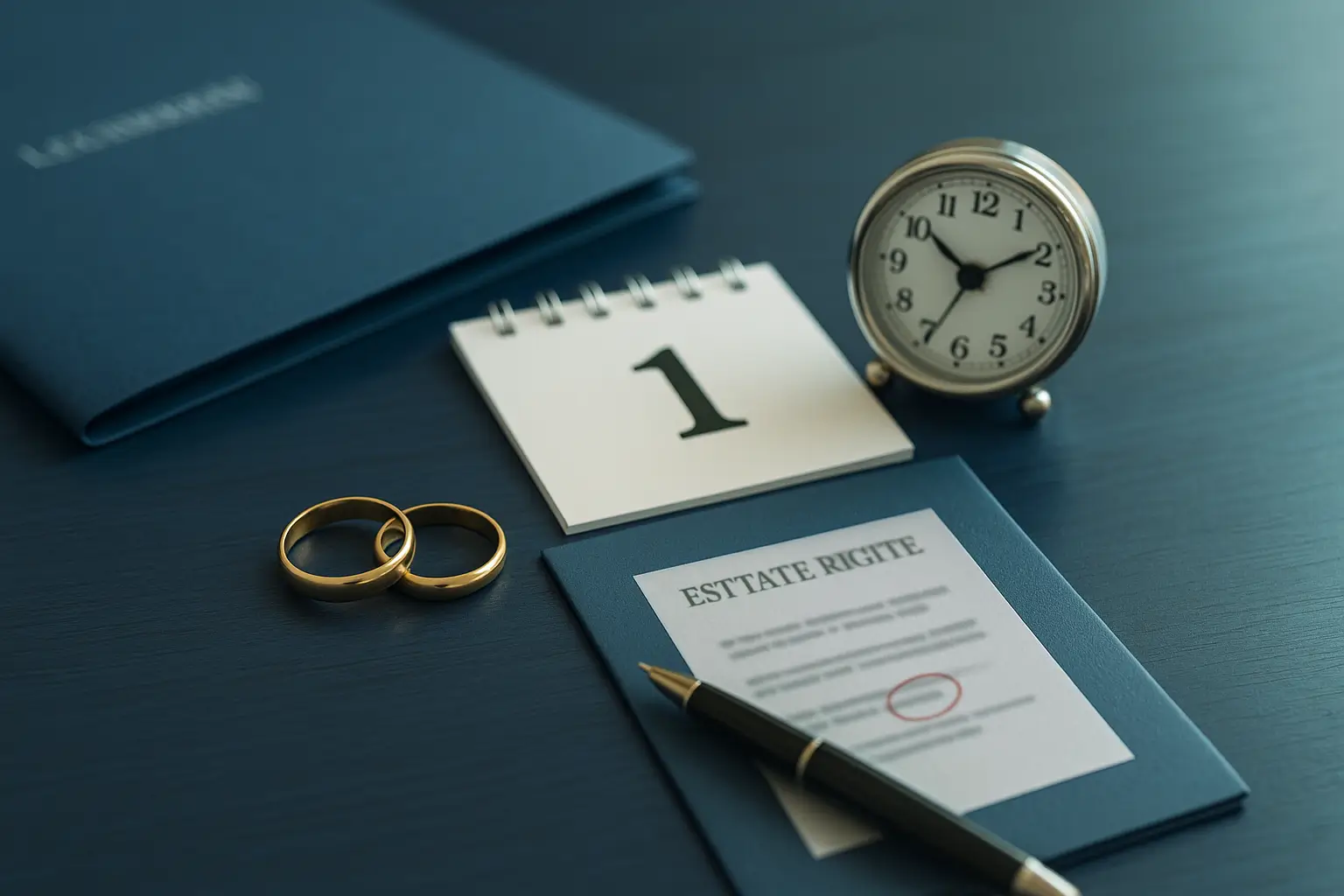 PA Probate Help image showing wedding rings and a clock on a legal desk symbolizing elective share rights after even a brief marriage in Pennsylvania