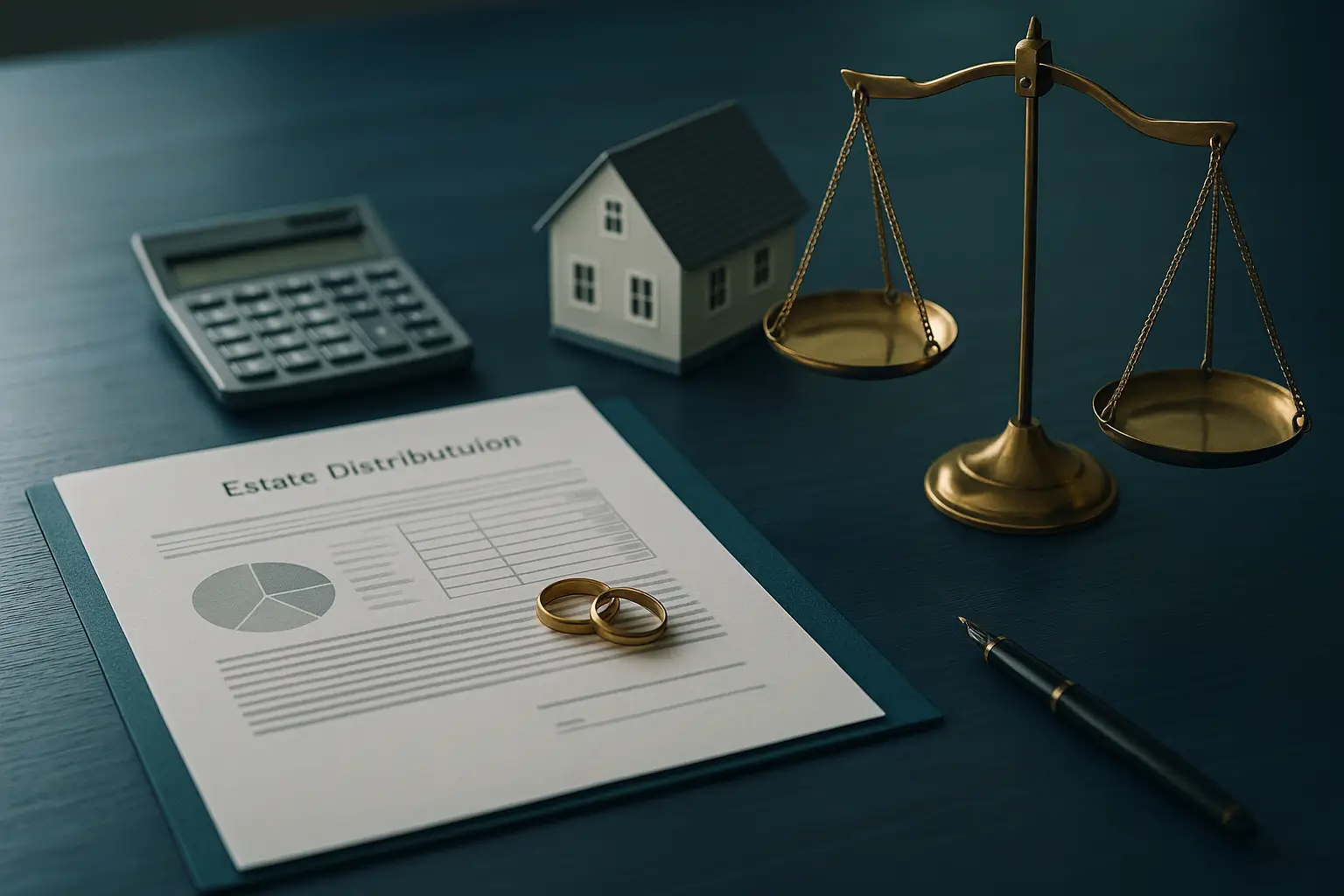 PA Probate Help image showing legal desk with house model and justice scale representing how a spousal elective share reduces childrens inheritance