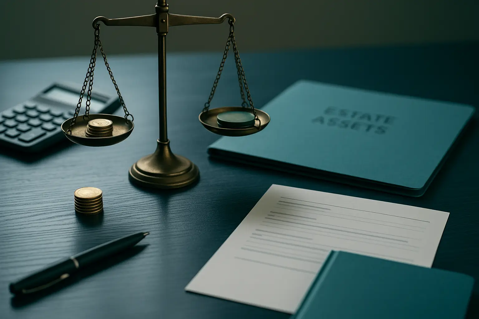 PA Probate Help image showing thin estate asset folder with coins and justice scale representing spousal elective share priority when estate lacks funds