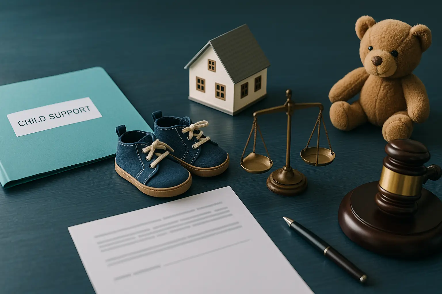 PA Probate Help image featuring legal desk with child support folder, house model, and justice scale symbolizing protection of minor children in Pennsylvania estate administration