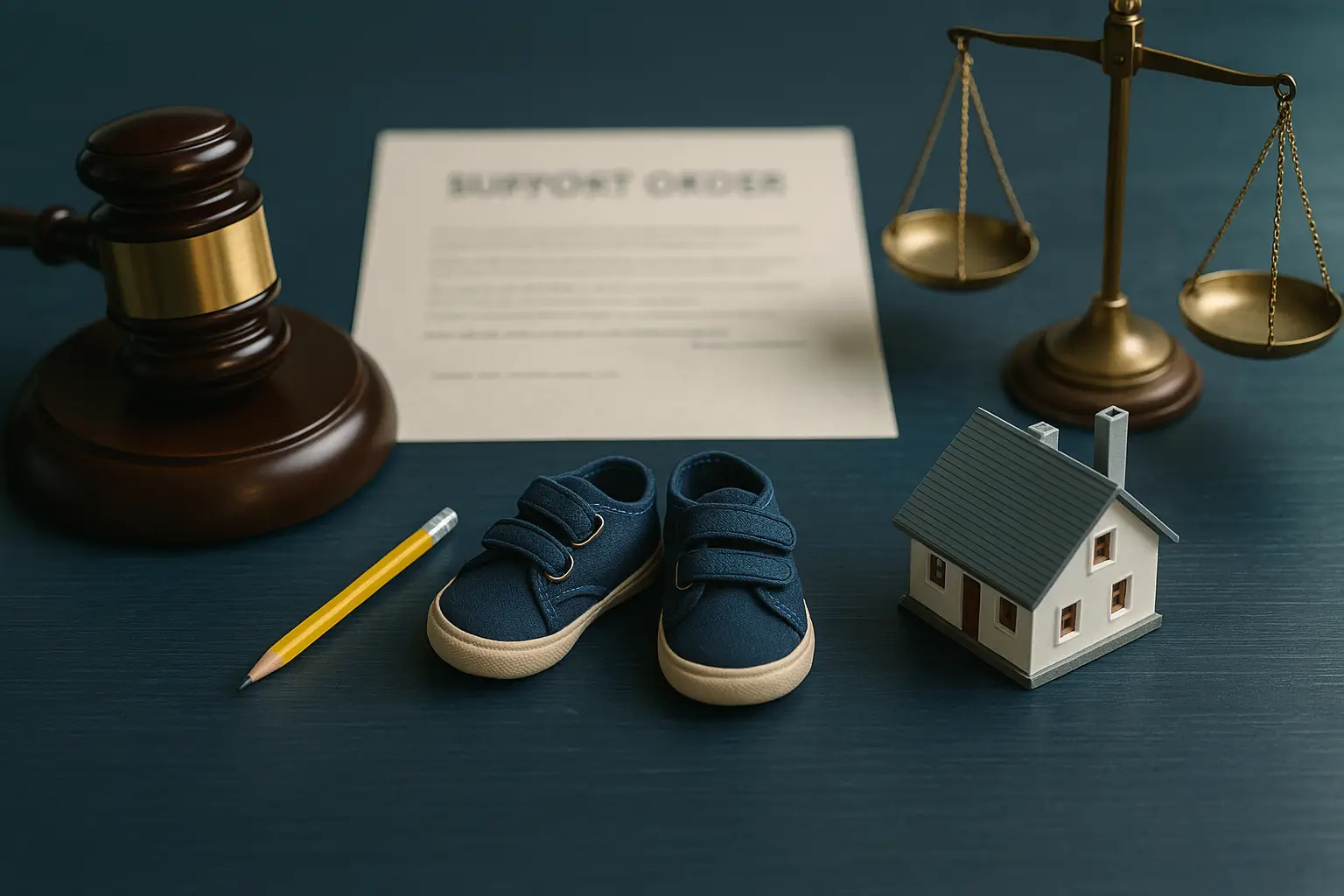 PA Probate Help image of legal desk with gavel, support order paperwork, house model and symbolic child item representing court ordered support for minor children during Pennsylvania estate administration