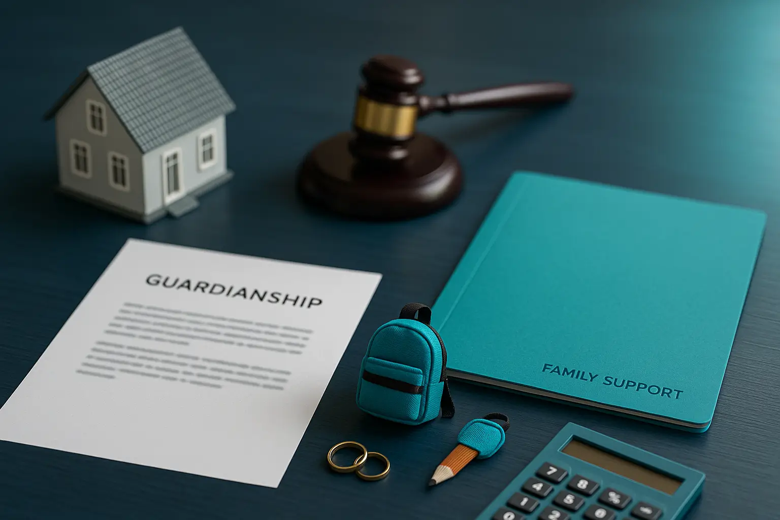 PA Probate Help image of legal desk with guardianship paperwork, teal folder, house model and symbolic child item representing guardian role in Pennsylvania estate administration