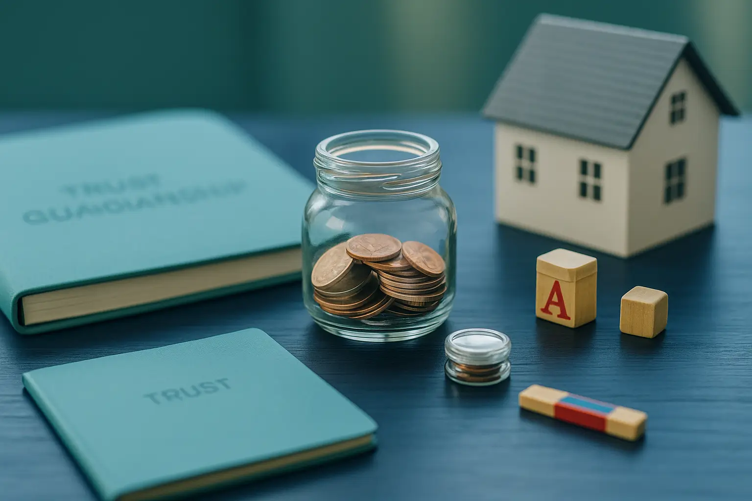 PA Probate Help image showing teal trust binder, piggy bank, and house model symbolizing protected inheritance funds for minor children in Pennsylvania estates