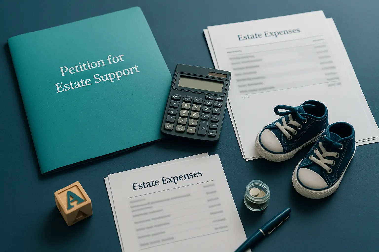 PA Probate Help image showing teal court petition folder, calculator, estate expense papers, and small child toy symbolizing financial support for minor children during Pennsylvania probate