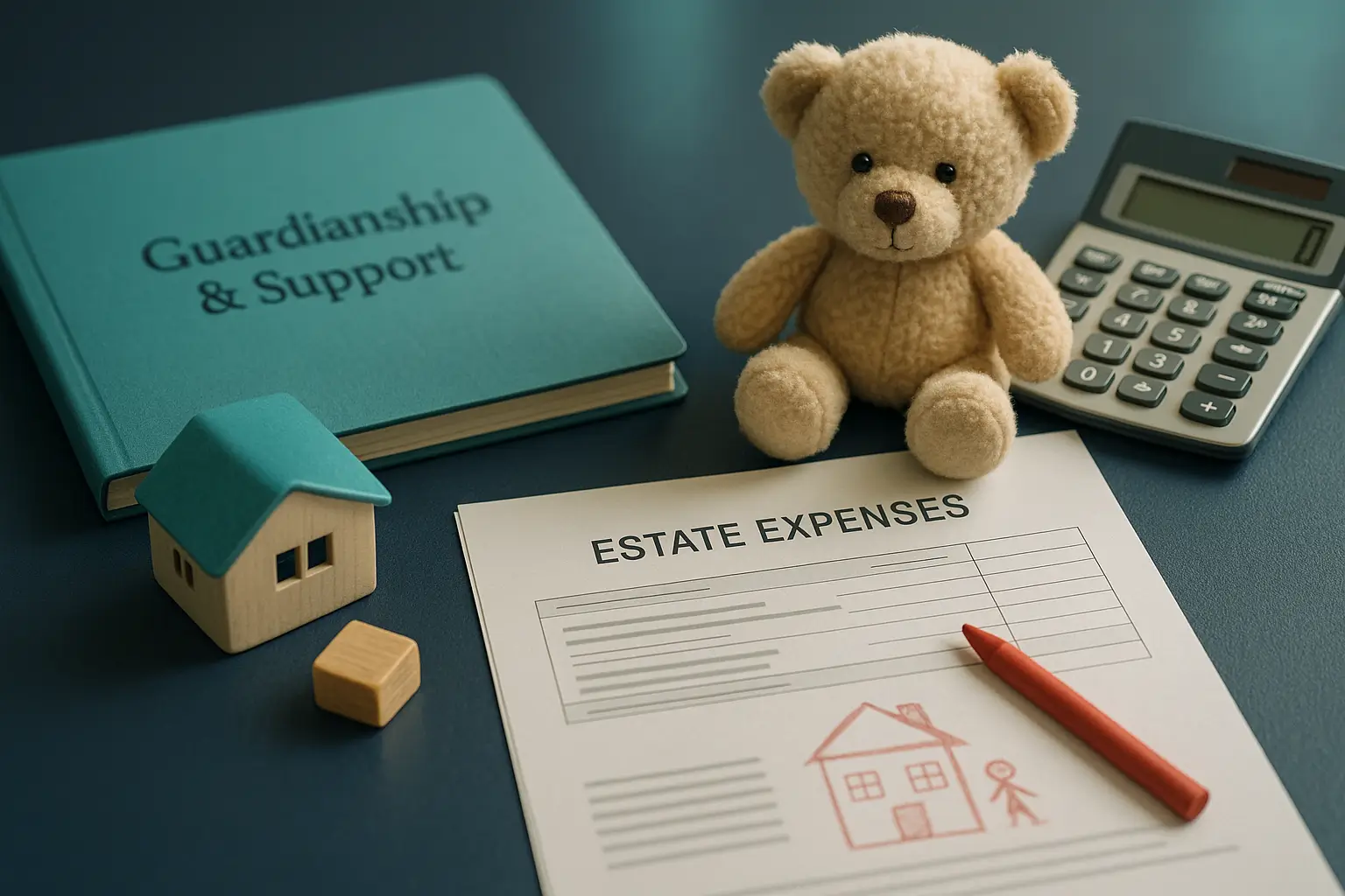 PA Probate Help image showing teal guardianship folder, calculator, estate expense papers, and a small child symbol such as a teddy bear representing financial support for orphaned minor children during probate in Pennsylvania