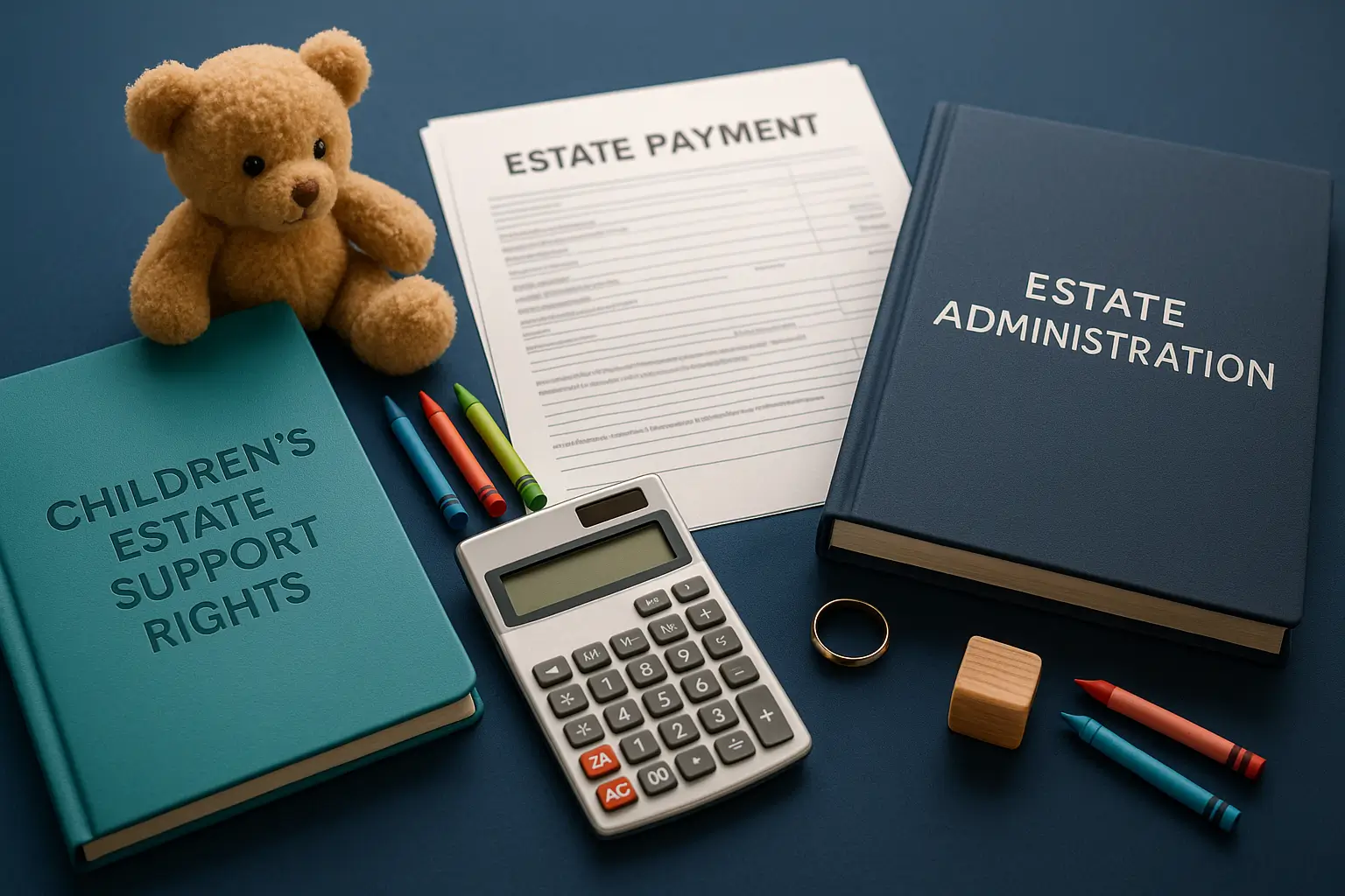 PA Probate Help image of teal folder for child support rights, navy estate folder, calculator, checkbook and a small child symbol with a wedding band, representing blended family complications in Pennsylvania probate