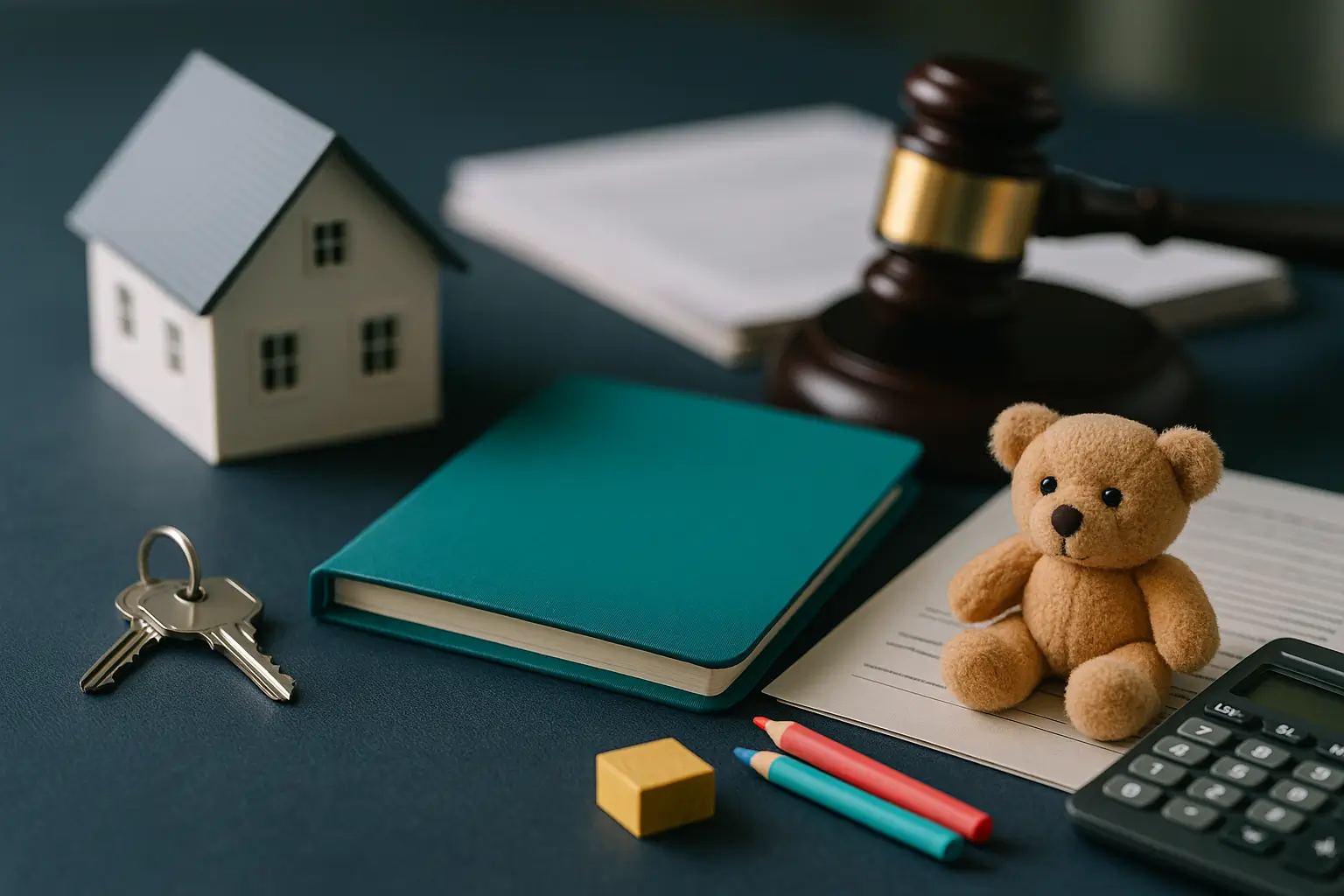 PA Probate Help image showing house model, teal child trust folder, gavel, and teddy bear symbolizing minor children inheriting property in Pennsylvania probate