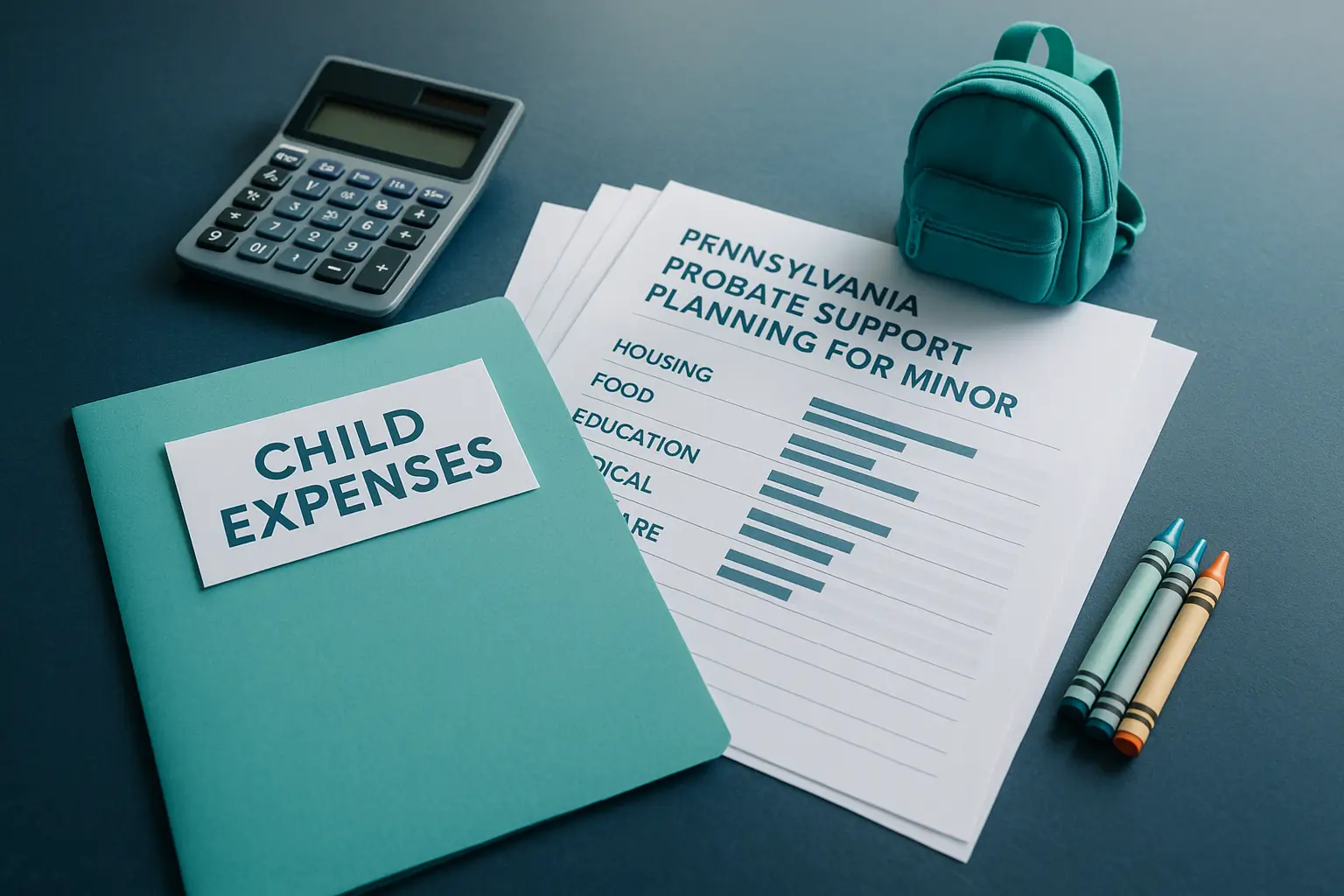 PA Probate Help image showing legal workspace with child expense planning items, including teal folder, calculator, and school-related objects to represent assessing financial needs for minor children in Pennsylvania probate