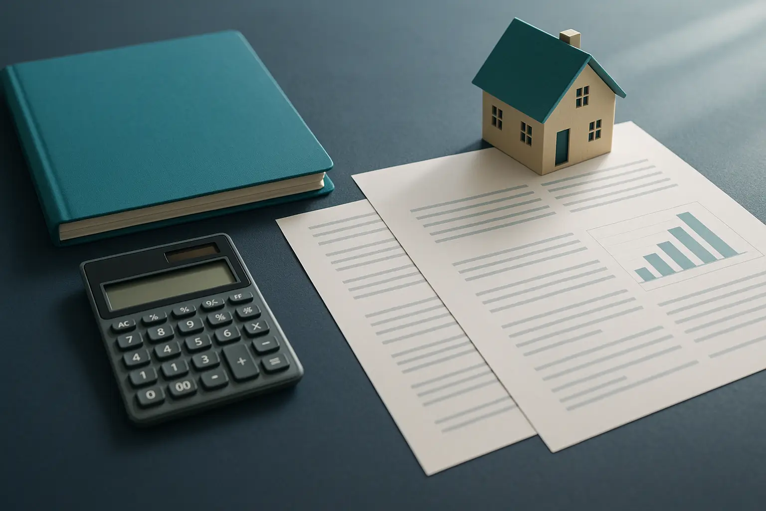 PA Probate Help image of legal desk with estate asset review materials including teal folder, calculator, financial documents, house model, and investment chart representing evaluation of estate resources for minor child support during Pennsylvania probate