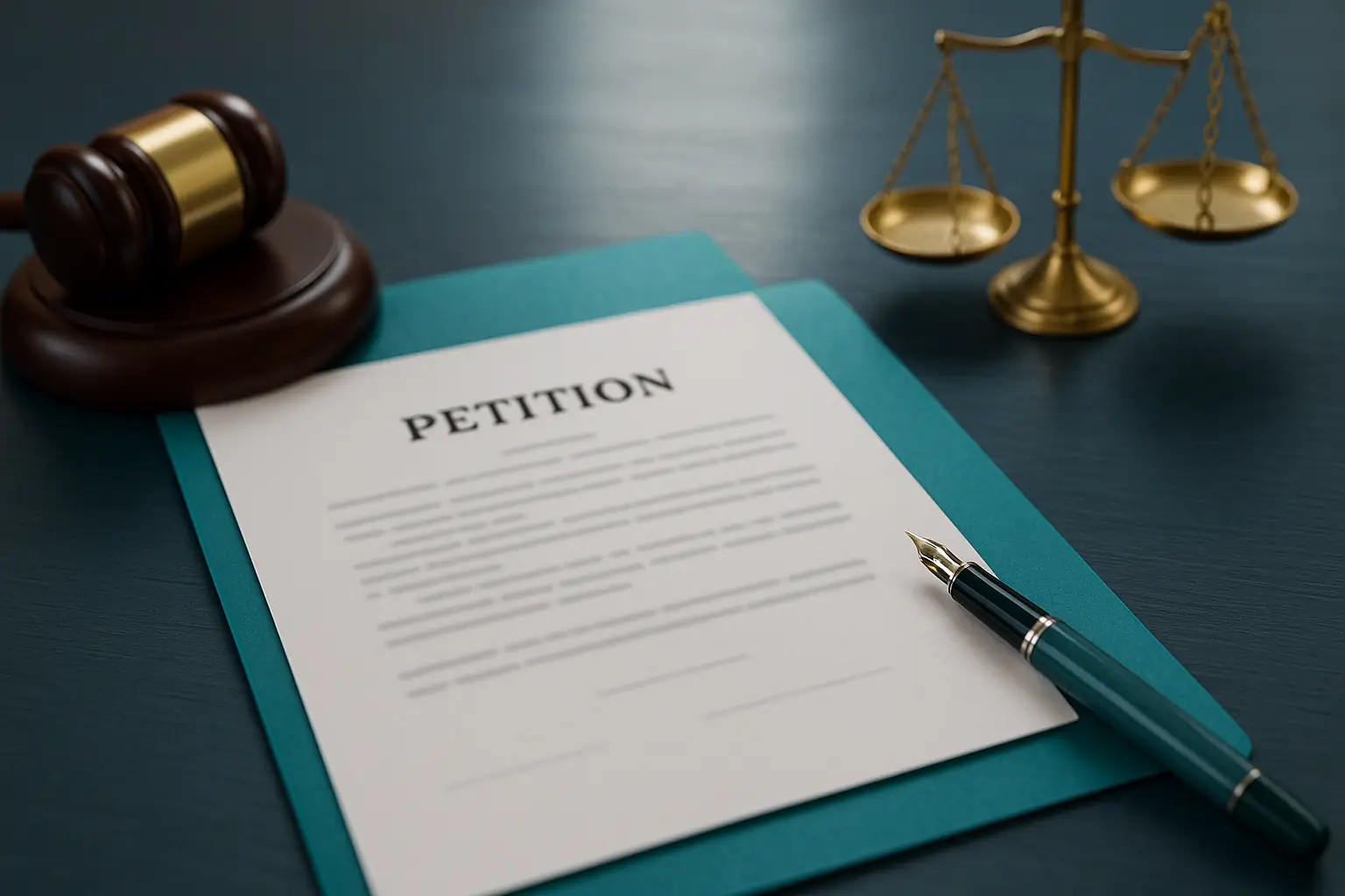 PA Probate Help image showing a navy legal desk with blurred petition document, judge gavel, teal folder, and fountain pen representing filing an Orphans Court petition for minor child support during Pennsylvania estate administration