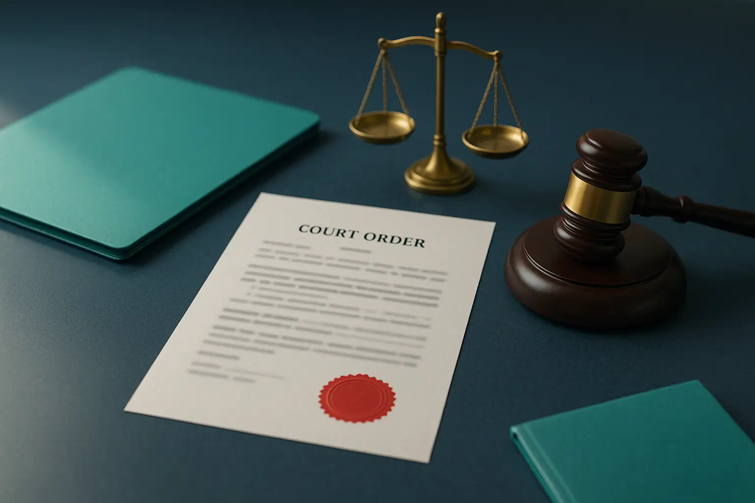PA Probate Help image showing blurred court order document with judge gavel and teal legal folder on a navy judicial desk representing Orphans Court support order for minor children in Pennsylvania estate administration