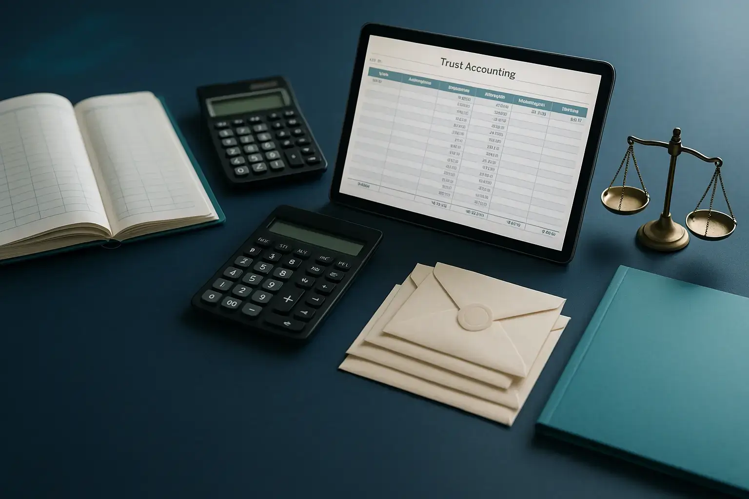 PA Probate Help image showing accounting ledger binder calculator envelopes and teal legal folder on navy desk symbolizing ongoing estate support administration for minor children in Pennsylvania