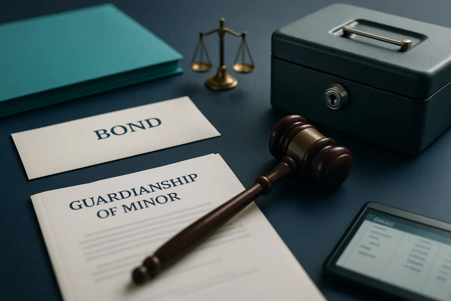 PA Probate Help image showing guardianship document judge gavel sealed bond envelope and secure lockbox for substantial inheritance protection of minor children in Pennsylvania